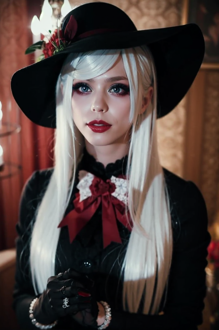 m4rth4, black hat, white hair, long hair, white eyes, red lipstick, black shirt, red bow on chest, black gloves