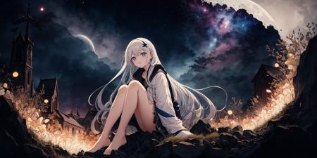 masterpiece,best quality,((masterpiece)),flat chestbest quality,(highres),solo,flat chest,a girl inside the church with white hair and blue pupil surrounded by (many) glowing (feathers) in cold face,detailed face,night with bright colorful lights whith richly layered clouds and clouded moon in the detailed sky,(a lot of glowing particles),long hair,cool movement,(filigree),delicate and (intricate) hair,((sliver)) and (broken) body,blue streaked hair,full body,depth of field,sitting on a (blue star),bishoujo,full body,no shoes,foot,galaxy nebula,vampire,qiuyinong,