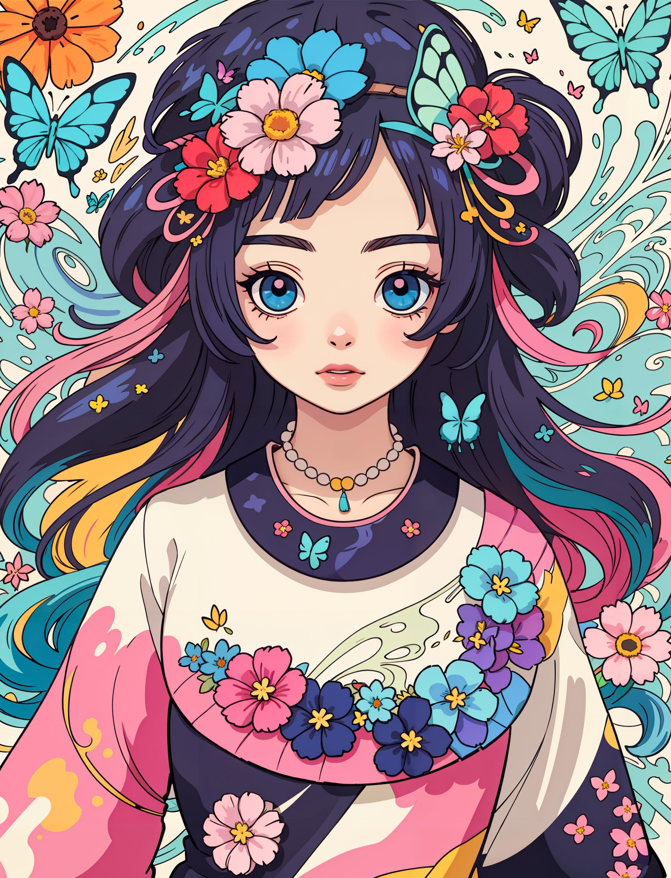 Anime-style illustration of a girl with flowers in her hair and a blue dress.