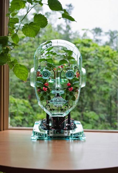 robot,simple robot,robot with glass face,ellipse head robot,(made partially out of glass),computer chips,placed on a table,,begonia plant inside robot head,window in background , forest through window,