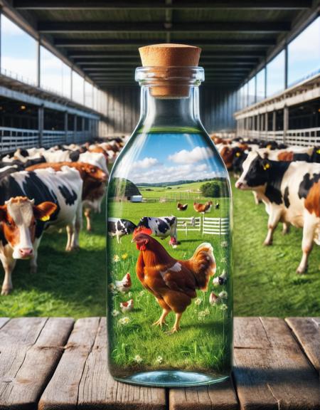 ais-bttl, inside the bottle a chicken, outside the bottle a cow <lora:ais-bttl-sdxl:1>