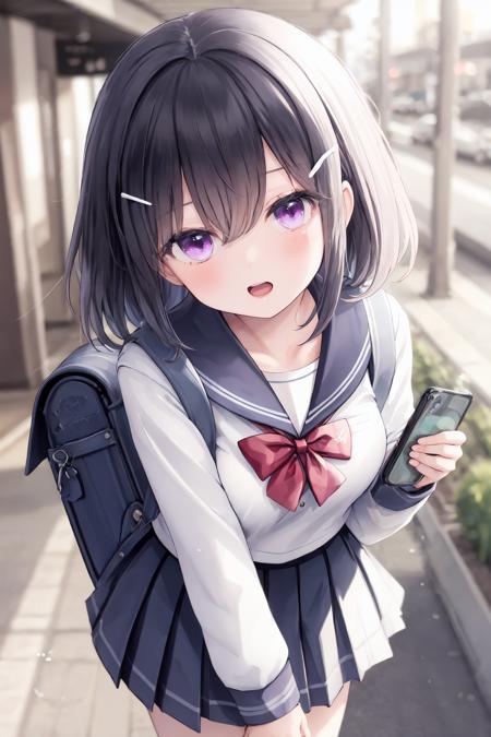 1girl, school uniform, skirt, purple eyes, solo, looking at viewer, hair ornament, serafuku, holding, blush, pleated skirt, bag, bangs, long sleeves, bow, shirt, black hair, hairclip, sailor collar, breasts, white shirt, open mouth, blurry, school bag, collarbone, black skirt, red bow, standing, medium hair, bowtie, hair between eyes, medium breasts, phone, outdoors, blue skirt, blurry background, blue sailor collar, yunmi style, sf5etf98, s6f8ey8vsdj, dr6g8cvwo, s5fr8gt, a35veo8vsdo, c6gw9oyh, c6s9eo5j