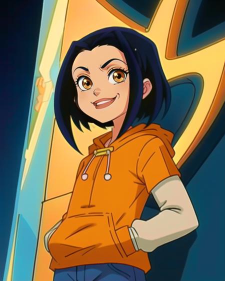 Jade, short black hair, brown eyes, hands in pockets,  upper body, smiling, 
JaOran, orange short sleeved hoodie, white long sleeves, hood down, sneakers , blue pants, 
cartoon Hong Kong,  morning, 
(insanely detailed, beautiful detailed face, masterpiece, best quality) cinematic lighting,
anime,  <lora:Jade:0.7>