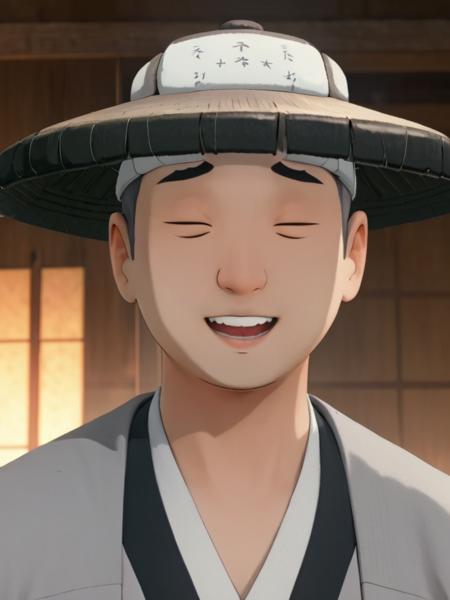 Ringo,  solo,smile,short hair,open mouth,black hair,1boy,hat,closed eyes,upper body,male focus,japanese clothes,kimono,white headwear,baseball cap,facing viewer,meme,backwards hat,grey kimono <lora:BlueEyeSamurai:1>