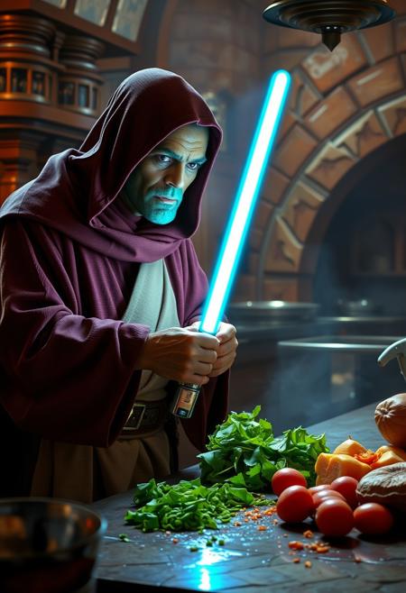 A Jedi chef uses a lightsaber knife to chop vegetables in Jabba the Hutt's palace kitchen.