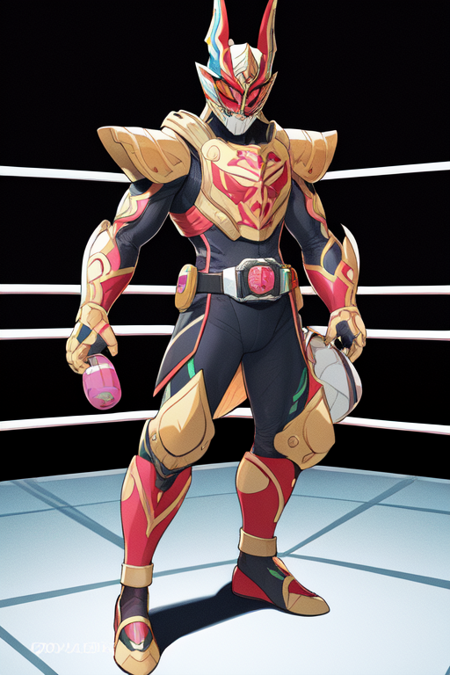 solo, full body, rider belt, armor, helmet, standing, bodysuit, tokusatsu, professional wrestler, wrestling, wrestling mask, 