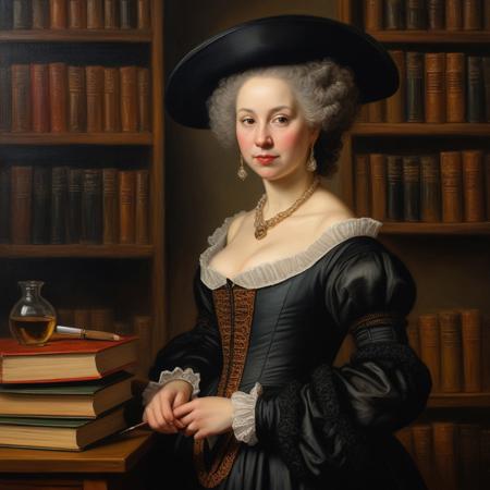 (oil painting, in Rembrandt style), ((NSFW)), a rich woman in the library, looking at viewer, (DV_Chani_Vicious)