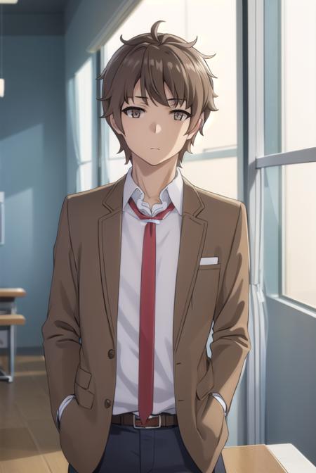 sakutaazusagawa, <lora:sakuta azusagawa s1-lora-nochekaiser:1>, 
sakuta azusagawa, short hair, brown hair, (brown eyes:1.5), male focus,
BREAK shirt, long sleeves, school uniform, jacket, white shirt, open clothes, necktie, belt, pants, blazer, red necktie, brown jacket,
BREAK indoors, classroom,
BREAK looking at viewer, (cowboy shot:1.5),
BREAK <lyco:GoodHands-beta2:1>, (masterpiece:1.2), best quality, high resolution, unity 8k wallpaper, (illustration:0.8), (beautiful detailed eyes:1.6), extremely detailed face, perfect lighting, extremely detailed CG, (perfect hands, perfect anatomy),