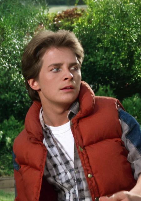 <lora:mrtmcfl_v3.1:1> mrtmcfl, a young man cosplay marty mcfly 1980s in a garden