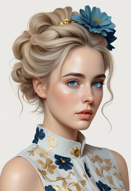 A highly detailed digital painting portrays a young woman with an elegant, ethereal appearance. She has voluminous blonde hair styled in an elaborate updo with loose curls framing her face. The hairstyle is adorned with dark blue flowers with deep centers, positioned at the right side of her head. Her striking bright blue eyes gaze directly at the viewer with a soft, contemplative expression, complemented by delicately defined eyebrows and subtle makeup that emphasizes her natural beauty. Her skin tone is fair with a slight blush on her cheeks, enhancing her soft features. She wears a sleeveless blouse with a high collar featuring intricate gold floral patterns on a white background, accented by a navy blue band and decorative buttons running vertically down the front. The garment's fabric appears smooth and slightly reflective, with a delicate ruffle on the left shoulder adding texture. The blouse showcases a mix of light gray, ivory, and blue tones, creating depth and dimension. The background consists of abstract shapes and swirls in muted teal, cream, and gold hues, with golden floral motifs and branches scattered throughout, contributing to the serene and sophisticated atmosphere. These elements are blended seamlessly with the softer parts of the subject's attire, emphasizing the delicate interplay between the figure and her surroundings.