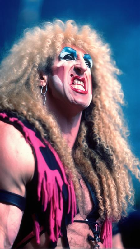 twisted sister dee snider, posing on a balcony, bokeh, photorealistic, analog film, nikon dslr