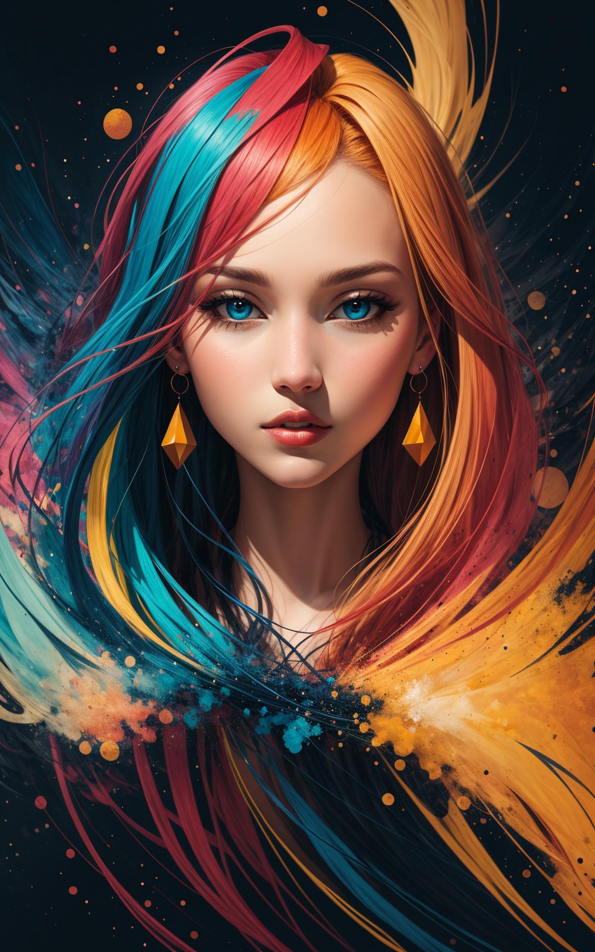 A painting of a young woman with blue eyes and colorful hair.