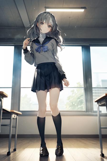 shinonome ryoko, 1girl, solo, school uniform, skirt, serafuku, bandages, socks, pleated skirt, black skirt, loafers, black socks, grey eyes, shoes, bandaged neck, long sleeves, closed mouth, long hair, bow, sailor collar, standing, looking at viewer, black hair, black footwear, grey hair, head tilt,indoors,classroom,