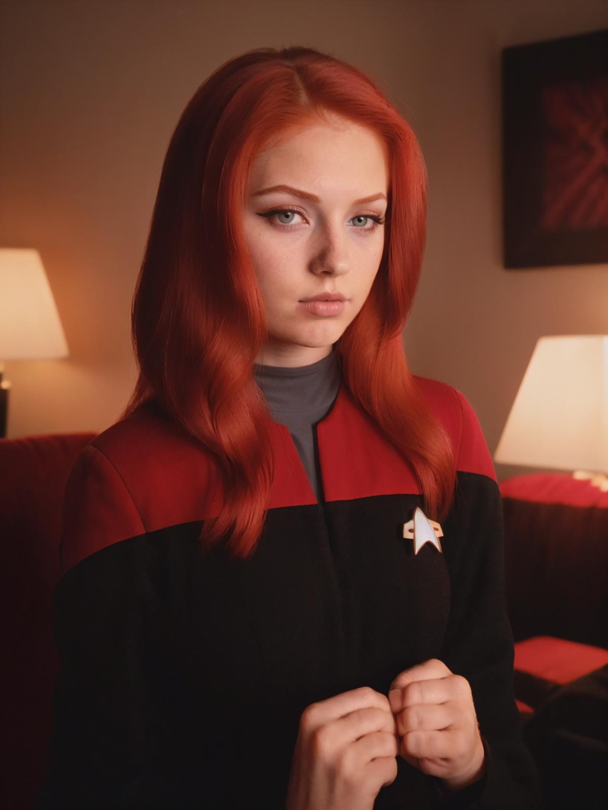 A woman wearing a Star Trek uniform with red hair looking into the camera.