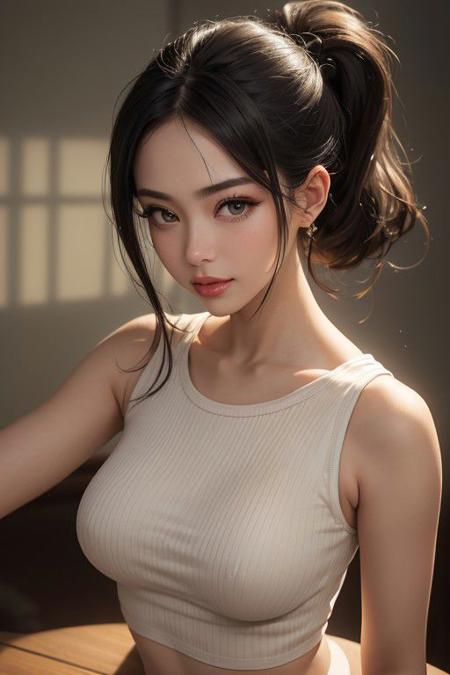 /cN/
<lora:add_detail:1.9>, 
/T(/QI_q/
(ultra realistic,32k, masterpiece:1.2),(high detailed skin:1.1),( high quality:1.1), (best quality, 4k, 8k, highres, masterpiece:1.2), (extremely detailed, realistic, intricate details, highres), fantastical mystical psychedelic natural patterns neon threads, Warm and soft light,(cinematic lighting:1.4), realistic rendering,
/foc/
Gray background and professional lighting, Lumen Reflections, Tone Mapping, Portrait art light source,High contrast,Fuji Film, extremely high detail, real shadows, intricate detail,(golden hour:1.1), 
/N;OSc/
1girl, 23 years old, sexy, vivid, happy,
/SW/
black ponytail hair,
/8/
(detailed face:1.2),Exquisite and beautiful Face, detailed eyes, Have a god of eyes,eyelashes, (blush:0.6),(lipstick,red lips:0.9), (mascara:0.5), looking at viewer,
/N
/
B cup boobs, Natural breast,  close-up, (narrow waist:1.1), collarbone, Navel, (fit body:1.2), (ribbed:1.3),
/g
p/
(crop long tank top,sleeveless),