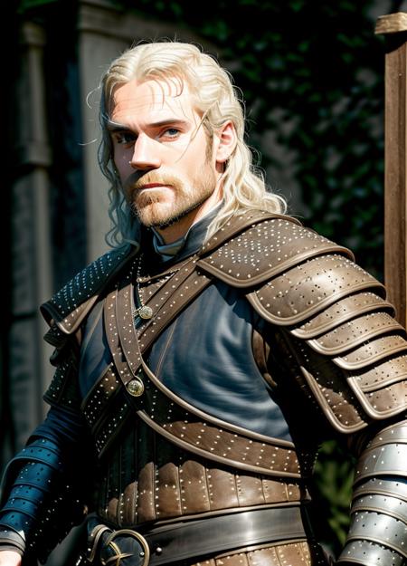 1man, hcavi69, ((Witcher cosplay)), muscular, armor, steel chainmail, (white hair), manly, intricate, elegant, highly detailed, depth of field, natural lighting, hard focus, ray traced, photographed by photographer