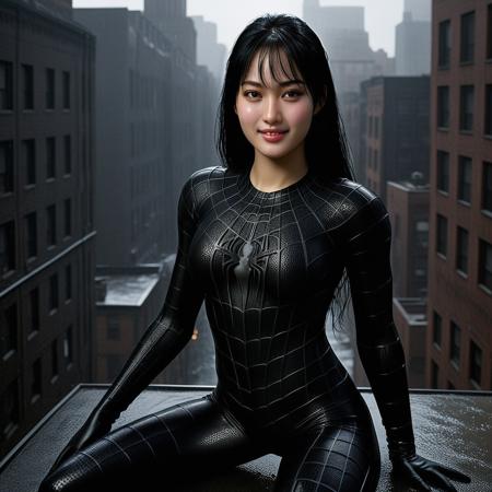 score_9, score_8_up, score_7_up, best quality, realistic, masterpiece, beautiful detail, hyperrealistic, rainy scenery, ((1girl, woman body, large breast)), amazing detailed full body of a cute korean girl, squatting pose on top of a building, wearing a realistic and highly detailed black raimi spider-man suit, ((defined muscular girl)), professional model wears ultra - detailed black raimi spider - man suit, ultra - detailed and grained black raimi spiderman suit, suit covered entire body and hand, black spiderman gloves, wet, (black hair, attraction, light smile), close up, octane render, highly detailed, volumetric, dramatic lighting, (highest quality:1.1), (HDR:1.3), (top quality, best quality), realistic, high definition,