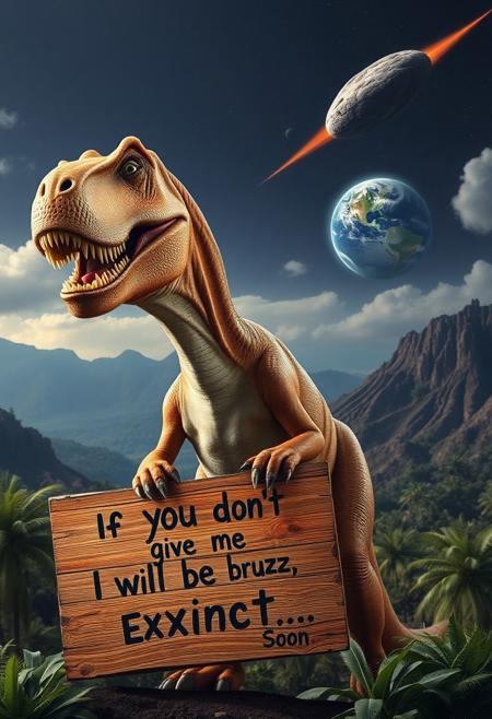 “A glorious T-Rex standing upright, looking absurdly majestic yet goofy, with a ridiculous, stoned-like smile. It’s holding a hand-painted wooden sign that reads: ‘If you don’t give me buzz, I will be extinct soon…’. The prehistoric setting features lush greenery and volcanic mountains, but in the distance, an ominous asteroid hurtles through space, clearly on a collision course with Earth. The scene is lit by the soft glow of the impending doom, adding a humorous contrast to the T-Rex’s relaxed, clueless demeanor.”
