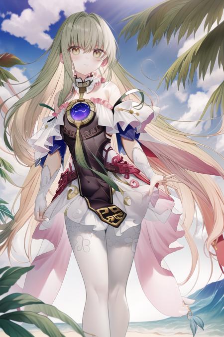 1girl,solo,cecilia,green hair,green eyes,long hair,standing,white legwear,dress,detached sleeves,pantyhose,white dress,bare shoulders,china clothes,choker,high heels,jewelry,white gloves,neck ring,tassel,frills,skirt,ocean,beach,tree,<lora:clothes_fuxuan_costume_v1-000016:1>,<lora:character_cecilia_final_v7-000001:1>,