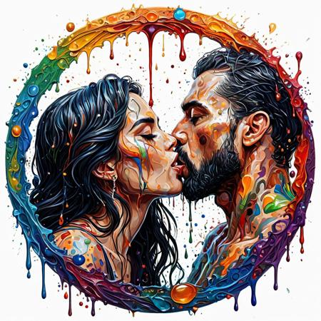 Finely detailed vector illustration, man and woman kissing, seduction, ultra realistic quality,circle symbols,white background, oil painting, hyperdetailed, intricately detailed,  triadic colors,fantastical,intricate detail,splash screen,complementary colors, fantasy concept art, 8k resolution, masterpiece,oil painting,heavy strokes,paint dripping.