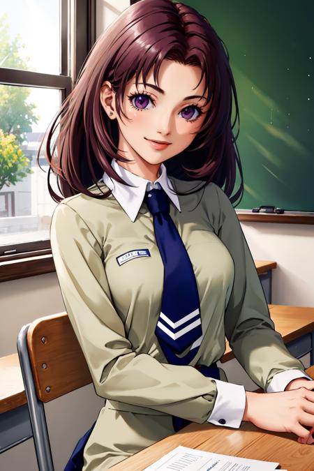 masterpiece, best quality, looking at viewer, smile, classroom, cowboy shot, upper body, sitting on desk
<lora:zs_Chisato:1> chisatopersona, necktie, long hair, school uniform, purple hair, purple eyes