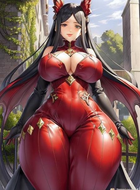 masterpiece (bladeandsoul-3350:0.9) woman is naked because her large breasts are too big and growing, long hair, detailed eyes, nose, smile, neck, large breasts, thin waist, wide hips, long legs, stone wall with moss in the background, <hypernet:zankuro-25000:0.1>