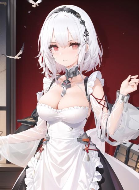 masterclass,best quality, 1girl, apron, azur lane, bob cut, breasts, cleavage, hairband, medium breasts, looking at viewer, official art, pigeon-toed, red eyes, short hair,  sirius (azur lane), solo, standing, waist apron, white hair, eyelashes,  <lora:Kincora_V2U_e8:1>,