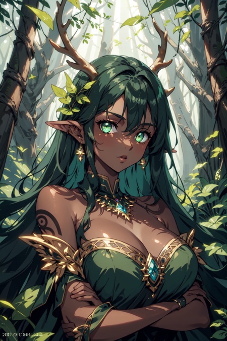 masterpiece, official art, best quality , extremely detailed, fantasyv2, 1girl, solo, long hair, looking at viewer, large breasts, black hair, hair ornament, dress, cleavage, bare shoulders, jewelry, green eyes, upper body, earrings, outdoors, detached sleeves, dark skin, necklace, dark-skinned female, tattoo, glowing, leaf, wavy hair, crossed arms, nature, glowing eyes, forest, antlers, shoulder tattoo , <lora:fantasyv2:0.8>