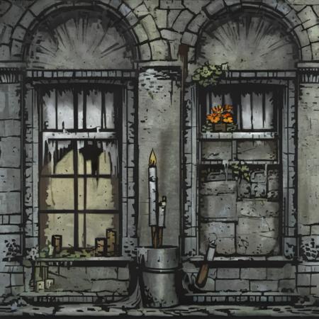 impressionistic painting by John Longstaff, DarkestDungeon, DDAreaRuins, best videogame textures, albedo texture map, (brown brick, brick wall, wood window, white semitransparent curtains), concrete trim at the bottom of the wall, graffiti on the wall, flowerpot resting on wood windowsill, ivy on the wall, (shovel leaning against the wall, (metal drainpipes, metal drain cut into the concrete)), wood barrels, scrolls, candles, masterpiece, best quality, 8k