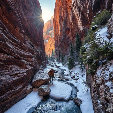 lovely red rock steep mountain gorge, ending in mountain vista, frozen stream bed with large rock, bright sun, snow-covered stream bed, evergreen bushes along side of gorge, hiker pulling himself up the wall of the gorge by grasping bush