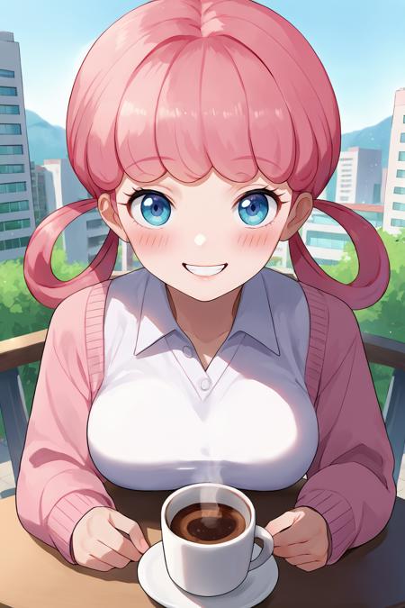 njpk, medium breasts, pink hair, hair rings, bangs nurse cap, pink collared dress, puffy short sleeves, white apron, white footwear