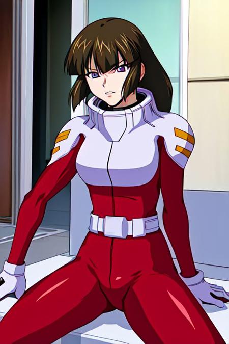  SHIHO HAHNENFUSS, BANGS , BROWN LONG TIEDS HAIR, PURPLE EYES PILOTSUIT, BELT, WHITE GLOVES  LONG MILITARY UNIFORM,BELT,PANTS