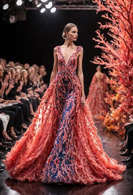 a model on a catwalk wearing an elegant gown made of coralbugXL, fashion show, audience, colourful, aesthetic, depth of field, award winning photograph