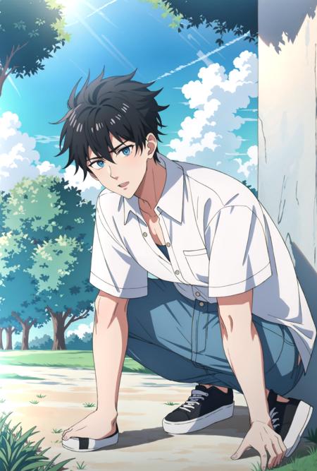 1boy, black hair, white collared shirt, jeans, sneakers, spiked hair, blue eyes, park, outdoors, day,