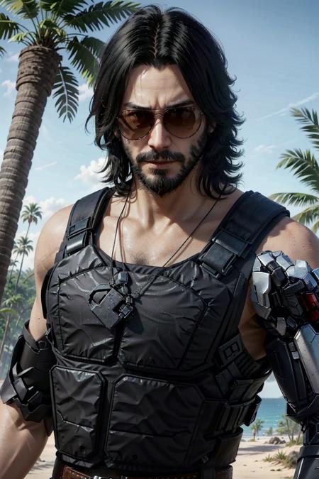 JohnnySilver, 1boy, male focus, solo, facial hair, sunglasses, realistic, single mechanical arm, mechanical arms, beard, black hair, tree, necklace, gloves, upper body
<lora:epi_noiseoffset2:1>,   <lora:JohnnySilver:0.7>