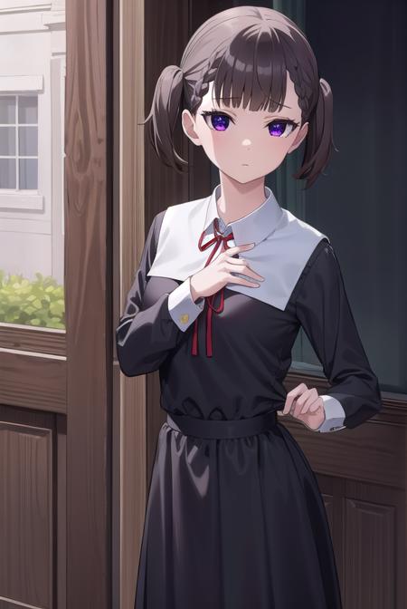 makishijou, <lyco:makishijou-lyco-nochekaiser:1>,
maki shijou, bangs, blunt bangs, (purple eyes:1.1), twintails, two side up, braid, short twintails,
BREAK long sleeves, dress, ribbon, school uniform, black dress, red ribbon, neck ribbon, collared dress, shuuchiin academy school uniform,
BREAK outdoors,
BREAK looking at viewer, (cowboy shot:1.5),
BREAK <lyco:GoodHands-beta2:1>, (masterpiece:1.2), best quality, high resolution, unity 8k wallpaper, (illustration:0.8), (beautiful detailed eyes:1.6), extremely detailed face, perfect lighting, extremely detailed CG, (perfect hands, perfect anatomy),