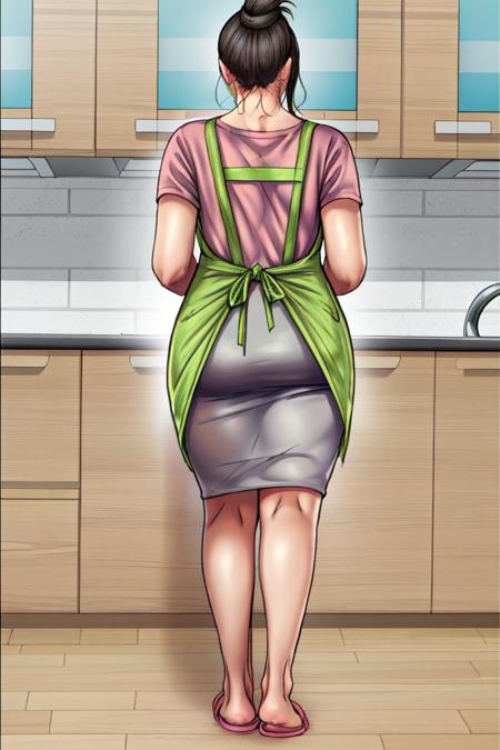 masterpiece,best quality,highly detailed,(photo realistic, hyperrealistic),korean woman in a kitchen with a green apron on and a green towel on her back, looking at the counter, 1girl, apron, folded ponytail, from behind, full body, hair bun, skirt, slippers, solo, standing,<lora:octopssy_v4LOR:0.69>,<lora:more_details:0.4>,