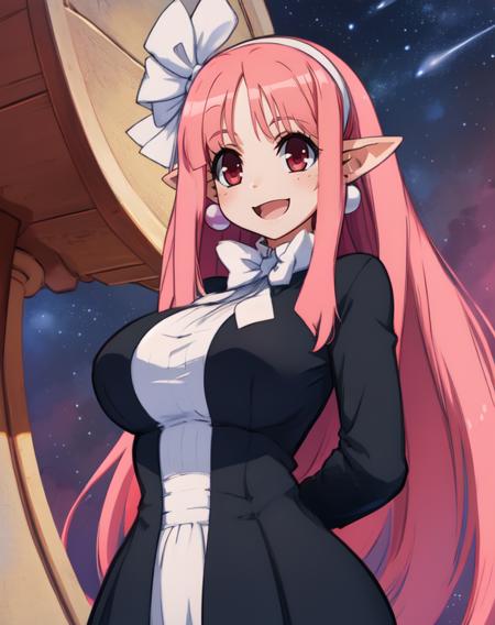 Witch, long pink hair,pointy ears,red eyes , 
  hips, 
smiling, standing, upper body,  
black dress, white ribbon, white hairband,long sleeves,earrings, 
 fun park, stars,
(insanely detailed, beautiful detailed face, masterpiece, best quality),  <lora:Witch-10v5:0.8>