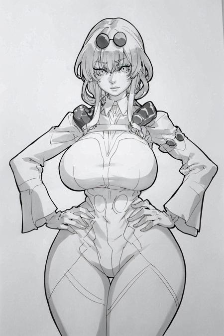 masterpiece, best quality, greyscale, monochrome, <lora:daicombo-artist-richy-v1:0.8> 1girl, solo, <lora:kafka-hsr-richy-v1:1> kafka, huge breasts, wide hips, hands on hips