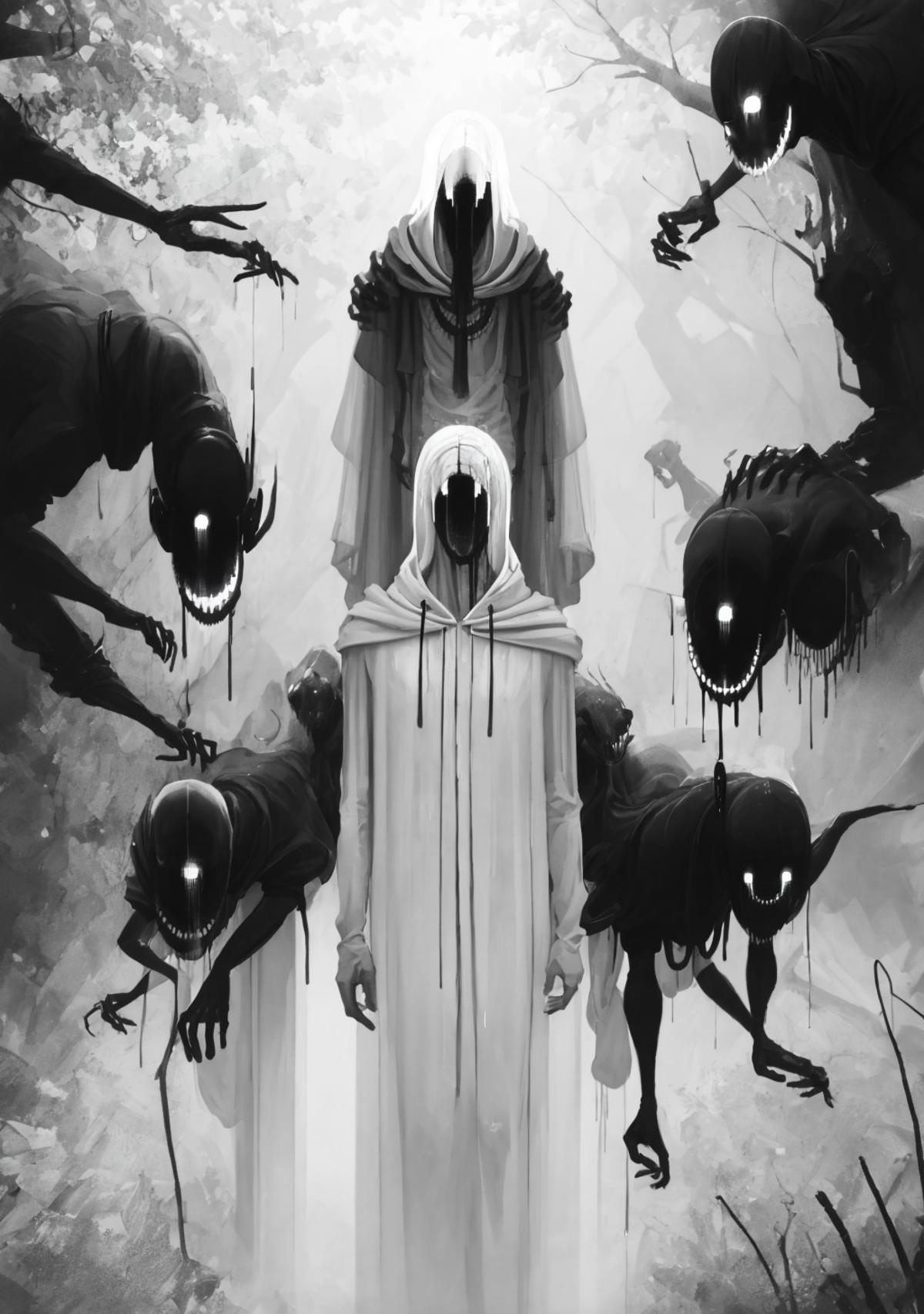 A drawing of a person in a white robe surrounded by creepy monsters.