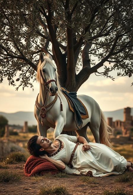 A pale horse stands beside a sleeping man under an olive tree, conceptual portraiture, symbolic storytelling, romantic historicism, handcrafted costume art, neoclassical drama, Indigenous identity, theatrical composition, natural landscapes, introspective emotion, elaborate set design, mythic allegory, sculptural clothing, ornate detail, wilderness and ruins, surreal self-portraiture, painterly lighting, ancestral memory, poetic visual metaphors, performative stillness, historical costume elements