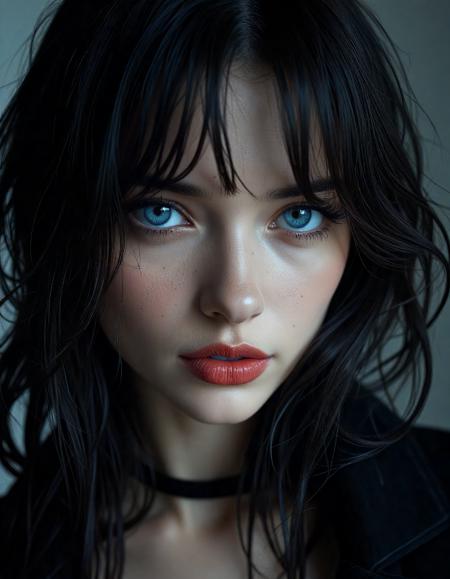hyperrealistic art (dark mood masterpiece Photography:1.2), portrait of a mysterious woman with blue eyes and bold eyeliner, she has sensuous lips, looking seductively, naughty, shy smirking. The extreme realism focuses on her detailed skin, showing fine textures and natural highlights. photography masterpiece, modern, irresistible beauty, fuzzy lighting, dark mood, unusual composition, use of negative space, (rule of thirds composition), simmetry , mysteriouse, emotional, flirting, (fine erotic content:0.65), groundbreaking unrivaled opus with unrivaled details, (__wildcardsv2.0/color__ color scheme), highly detailed, melancholic, low-light hyper detailed photography, catchlights, style by Luis Royo . extremely high-resolution details, photographic, realism pushed to extreme, fine texture, incredibly lifelike,, extreme close-up shot,style by luis royo . extremely high-resolution details, photographic, realism pushed to extreme, fine texture, incredibly lifelike