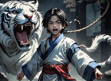 The image of the boy in the picture is unique, with black hair and long hair. He was dressed in Hanfu and wore fine jewelry. The boy holds a rope and faces a white tiger with a wide open mouth. The tiger's teeth are clearly visible, adding to the horror and mystery of the picture. The background of the picture is a dark scene, creating an atmosphere of mystery and danger. In general, this is a work of great visual impact and artistic value, suitable for use as a work of art or wallpaper.