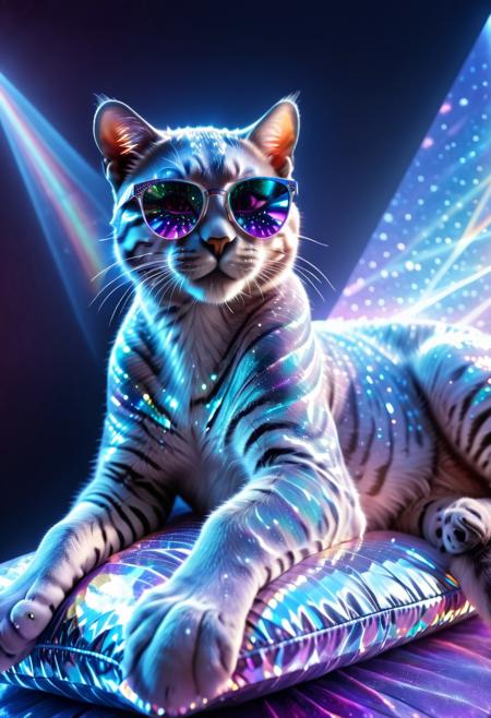 lazympos, h4v_h0l0, shimmering feline wearing holographic sunglasses, reclining on a glowing prism cushion, surrounded by light trails, crystal aura, starlit nightclub backdrop