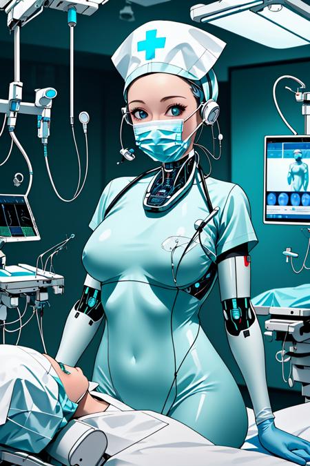 cybr_surgnurse, 1girl, solo, bodysuit, nurse cap, latex gloves, science fiction,cybernetic, surgical mask,earpods,