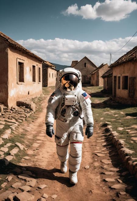 photo of astronaut walking in a old village in the background