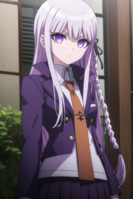 kyokokirigiri, <lora:kyouko kirigiri s1-lora-nochekaiser:1>,
kyouko kirigiri, long hair, bangs, ribbon, (purple eyes:1.1), hair ribbon, purple hair, braid, single braid, side braid,
BREAK skirt, shirt, gloves, long sleeves, jacket, white shirt, pleated skirt, open clothes, necktie, collared shirt, black skirt, open jacket, black jacket, black ribbon, brown necktie,
BREAK outdoors, classroom,
BREAK looking at viewer, (cowboy shot:1.5),
BREAK <lyco:GoodHands-beta2:1>, (masterpiece:1.2), best quality, high resolution, unity 8k wallpaper, (illustration:0.8), (beautiful detailed eyes:1.6), extremely detailed face, perfect lighting, extremely detailed CG, (perfect hands, perfect anatomy),