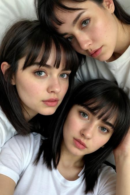 score_9, score_8_up, score_7_up, instagram photo of  2 girls, very very beautiful face, lying on bed, head on the pillow, detailed face, puffy lips, perfect lips, perfect nose, slight makeup, black hair bangs, detailed blue eyes, wearing short shirt, pale skin, medium breast, shadows, beautiful background, higly detailed, 4k, ultrahd