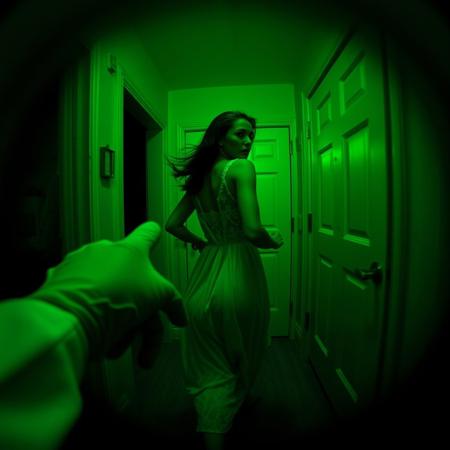 a photograph, green night vision scope style, strong circular vignette,high grain, subject is a woman wearing a lacy nightgown running through a dark house, looking back over her shoulder with a panicked and fearful expression, motion blur focus on a subject, close up view, POV a gloved hand reaching for the woman, 1/25 s, f/2.8, 6400 ISO, extreme vignette, 35mm film