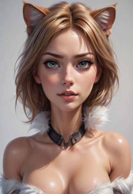 Anna as a cat, seductive pose, fur body, whiskers, philtrum, style of stanley artgerm, artgerm style, white background, simple background